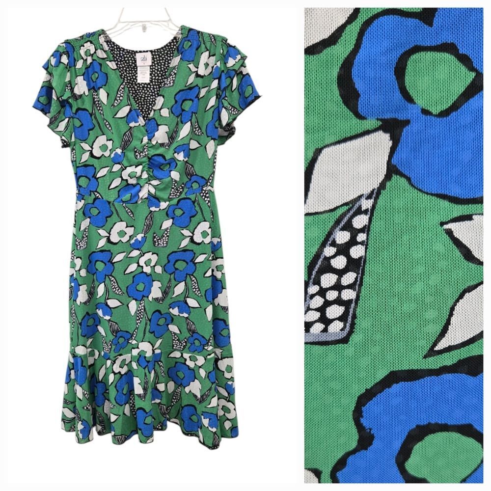 CAbi Green Floral V-Neck Midi Dress with Blue Blooms